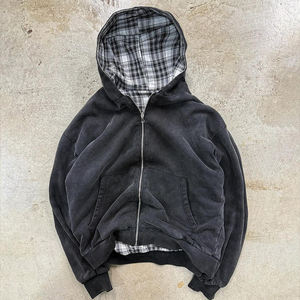 Sweat-shirt en flanelle à carreaux surdimensionné en coton 100% de haute qualité avec logo personnalisé, fermeture éclair double réversible, capuche réversible - Product Image 1