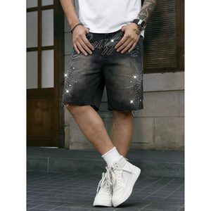 Shorts en jean non extensibles pour homme style streetwear américain, avec lettres en strass, délavage et ourlet effiloché, longueur genou, pour l'été - Product Image 3