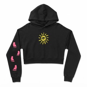 Sudadera Corta Negra para Mujer con Logotipo Personalizado, Estampado de Ojo de Sol Amarillo y Huellas Rosas en la Manga, Estilo Casual para Otoño/Invierno - Product Image 1
