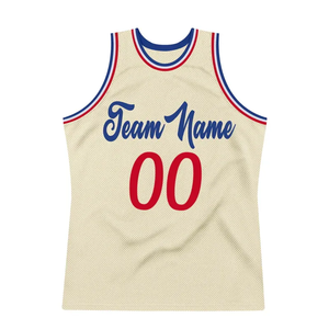 Custom Cream Basketball Jersey With Blue Team Name And Red Number Sublimated Print Unisex Adult <b>Mesh</b> Tank <b>Top</b> Basketball Jersey - Product Image 1