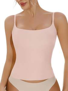 Women Thin <b>Strap</b> Sleeveless <b>Tank</b> <b>Tops</b> Built-in Pads All-in-One Slimming Breathable Casual Spandex/Cotton Summer Wear Custom - Product Image 2