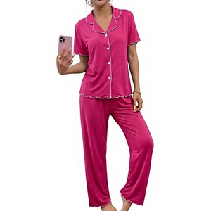 Women Pink Knitted Breathable Jersey Pajama Set Short Sleeve Button Front V-neck Solid Color Sleepwear Two Piece Casual Homewear - Product Image 1