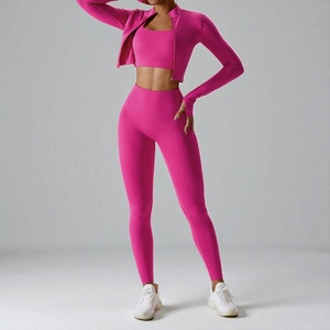 Leggings de sport pour femmes, veste de yoga avec fermeture éclair, haut court côtelé pour l'entraînement, ensemble short de yoga, respirant, léger, à carreaux - Product Image 4