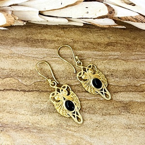 Boucles d'oreilles pendantes hibou bohème très demandées, ethniques, en laiton et onyx, plaqué or 18 carats, vintage, motif animal, pour femme, vente en gros OEM ODM - Product Image 6