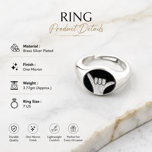Brass Hand Gesture Signet <b>Ring</b> One Micron Plated Black Enamel 18k Silver Plated Traditional Fancy Women's <b>Adjustable</b> Statement - Product Image 1