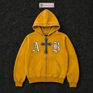 Sudadera con capucha dorada con cremallera, estilo gótico oversize con gráfico de cruz y letras AB, streetwear unisex, moda casual, varios estilos. - Product Image 5