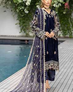 Salwar Kameez pour femmes en velours bleu marine brodé avec des détails dorés, longueur au sol, tenue traditionnelle indienne pakistanaise pour mariage - Product Image 4