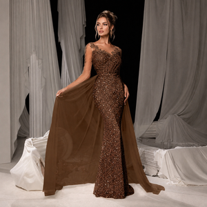 Abito da sera di lusso a sirena marrone <span class=keywords><strong>con</strong></span> paillettes, da donna, a maniche lunghe, <span class=keywords><strong>con</strong></span> mantello in <span class=keywords><strong>tulle</strong></span>, abito formale da ballo personalizzato - Product Image 2