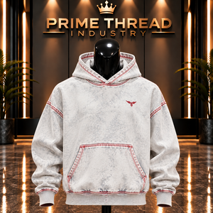Wholesale Custom <b>White</b> Denim Hoodie Red Contrast Stitching Oversized Streetwear Pullover Hoodie OEM Design Hooded <b>Sweatshirt</b> - Product Image 6
