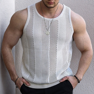 Men's <b>Black</b> <b>Knitted</b> Sleeveless <b>Tank</b> <b>Top</b> O-Neck Solid Color Breathable Casual Vest Summer Wear - Product Image 3