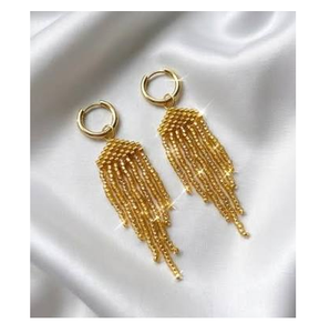 Pendientes de aro dorados con flecos de cuentas y cuentas azules, blancas y azul marino para mujer, joyería - Product Image 2