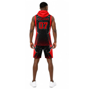 Ensemble de maillots de basket-ball sublimés personnalisés pour hommes, à capuche, sans manches, rouge et noir, imprimé géométrique, respirant, coupe athlétique - Product Image 3