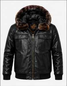 Blouson en cuir pour homme avec col en fausse fourrure et fermeture éclair - Product Image 1
