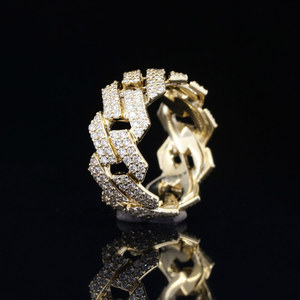 แหวนเงินแท้ 925 ชุบทอง ดีไซน์ Cuban Link ประดับเพชรโมอิสซาไนต์ทรงเรขาคณิตแบบ Cluster Band ฝังแบบ Pave Setting สำหรับงานแต่งงานสไตล์ฮิปฮอปที่ได้รับการรับรอง - Product Image 1