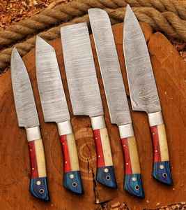 Juego de Cuchillos de Chef Ecológicos Forjados a Mano de Product Palace LLC, Juego de Cuchillos de Cocina de Acero de Damasco Hecho a Mano de 5 Piezas con Funda de Cuero Puro - Product Image 4