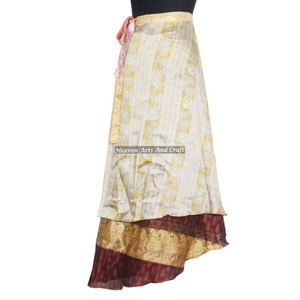 Jupes longues en soie Sari indienne vintage de créateur, 2 couches, style hippie magique, pour soirée, à porter en tour de taille - Product Image 4