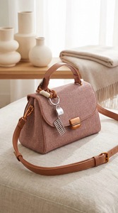 Sac à main formel en lin marron café de qualité supérieure pour femme, avec garniture en cuir brun structuré, poignée supérieure, design élégant pour le bureau - Product Image 4