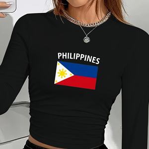 Camiseta Corta de Manga Larga para Mujer con Estampado de la Bandera de Filipinas, Estilo Y2K, Cuello Redondo, Tejido de Punto, Spandex, Poliéster, para Todas las Temporadas - Product Image 3