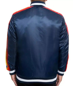 Chaqueta Varsity Personalizada Azul Marino para Hombre, Estilo Vintage con Parches de Estrellas, Chaqueta Bomber Retro con Franjas de Arcoíris en las Mangas, Uniforme de Béisbol, Ropa Deportiva - Product Image 3