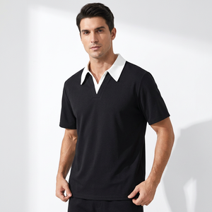 Chemise noire à manches courtes pour homme, col blanc, décontractée, tricotée, 100% coton, respirante, couleur unie, coupe classique, design élégant, 220g - Product Image 6