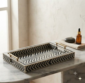 Plateau rectangulaire en céramique moderne avec motif géométrique, poignées dorées, multifonctionnel pour le rangement de cosmétiques et les cadeaux de Diwali - Product Image 1