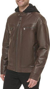 Hot Selling <b>Men's</b> Classic <b>Leather</b> <b>Jacket</b> with Removable Hood and Stand Collar OEM Canvas <b>jacket</b> for <b>men</b> - Product Image 5