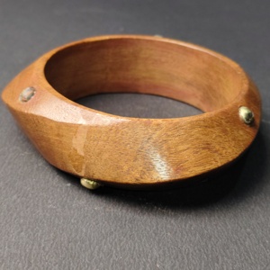 Unique Asymmetrical Tapered Wood Bangle with Gold <b>Sphere</b> Studs - Designer Hand-Carved Ergonomic Wooden Jewelry - Product Image 4