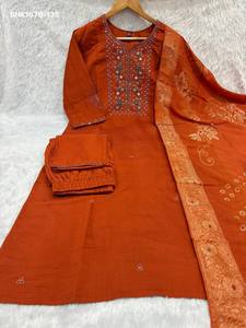 Premium Collection Viscose Mango Silk with Multi-Embroidery <b>Sequin</b> & Hand work Kurti-<b>Pant</b> & Muslin Silk Dupatta Indian Exporter - Product Image 3