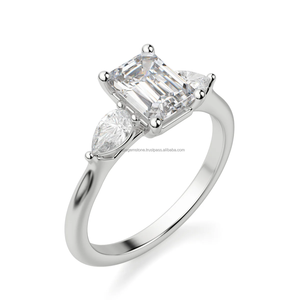 Luxe 925 argent Sterling plaqué or émeraude poire coupe trois pierres diamant bague de fiançailles CVD laboratoire cultivé cadeau de mariage - Product Image 2