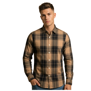 Camisa de Franela a Cuadros Negra y Marrón Personalizada para Hombre, Manga Larga, con Botones, Estilo Casual, Tela Suave Cepillada, Ropa de Calle para Exteriores - Product Image 1