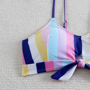 Conjunto de bikini bandeau a rayas para mujer con logo frontal, parte inferior de cintura alta, talla grande, traje de baño elástico de dos piezas - Product Image 5