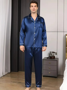 <b>Men's</b> Casual Home Wear Two Pieces Sleepwear <b>Set</b> Long Sleeve Button Shirt Top Long Pants Loungewear <b>Men's</b> Ice Silk <b>Pajamas</b> <b>Set</b> - Product Image 4
