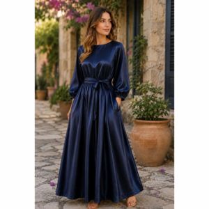 Elegant <b>Navy</b> Blue Satin Maxi Dress for Women Long Puff Sleeve Formal Evening Gown - Product Image 5