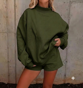 Washed Cotton Mockneck Pullover Women Oversized Relaxed Fit Casual Streetwear Fashion Sweatshirt - Product Image 1