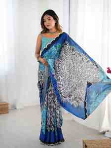 Sari indien pour femme, bleu, imprimé floral et zèbre, en polyester, coupe droite, longueur ras du sol, style ethnique, pour tenue décontractée - Product Image 4