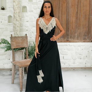 Vestido maxi de algodón negro estilo bohemio para mujer, sin espalda, con flecos, estilo bohemio, largo, con abertura y cinturón, estilo cóctel ecológico - Product Image 3