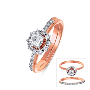 Anillo de Compromiso Premium con Halo de Circonita Cúbica de Corte Brillante Redondo, Chapado en Oro Rosa de 18K, con Anillo de Boda a Juego, Joyería Nupcial - Product Image 1