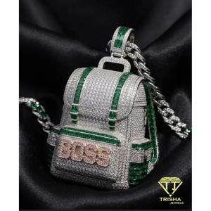 Luxury <b>Backpack</b> Pendant With Green And White Moissanite Diamond 925 Sterling Silver Iced Out Hip Hop Jewelry - Product Image 4