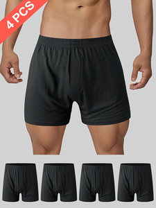 Men's Solid Color Boxer Briefs Mid-Rise Knitted Cotton Breathable Machine-Washable Underwear Black Comfortable Sports Adults - Product Image 1