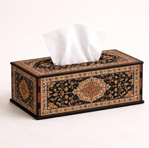 Caja de pañuelos de madera cuadrada con diseño estampado en verde y amarillo, patrón floral, trabajo artesanal atractivo - Product Image 2