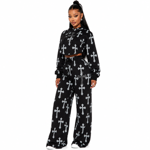 Ensemble de survêtement unisexe noir à imprimé animal, anti-boulochage, avec sweat à capuche court et pantalon de jogging, manches longues, coupe ajustée, style streetwear, hiver - Product Image 2