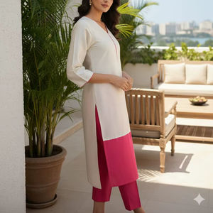 Conjunto de Pantalón y Kurta Midi Largo de Lona Sólida para Mujer, Elegante, Festivo, Étnico, Ropa India Pakistaní para Uso Diario y Ocasiones Especiales - Product Image 1