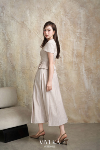 Women's Beige Solid Office Lady 2-Piece <b>Set</b> V-Neck Short Sleeve <b>Blazer</b> Top Pleated Midi Skirt All Seasons Outfit DYLAN - Product Image 5