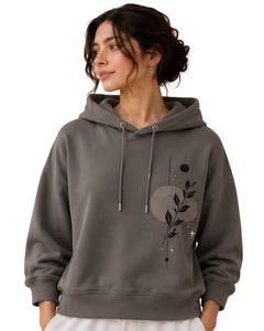 Sudadera con Capucha Oversize para Mujer, Color Gris, con Estampado Floral, de Algodón y Felpa, Manga Larga, Estilo Casual Urbano - Product Image 1