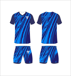 Custom sublimated <b>soccer</b> uniform set for men with navy blue and bright blue marble swirl print jersey and matching shorts - Product Image 1