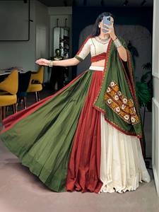 Traditional Indian Gamthi Work Gota Patti Lace <b>Lehenga</b> Set Dupatta Green Red Cotton Floor-Length Quick Dry <b>Women</b> Wear Wedding - Product Image 2
