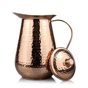 Jarra de agua de cobre puro con tapa de madera, base plana, recipiente cilíndrico para bebidas, utensilios de mesa, jarra para hotel, restaurante, bar. - Product Image 4