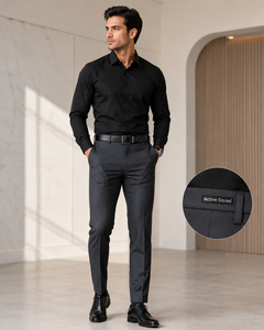 Pantalon habillé décontracté pour homme Active Squad, coupe droite, en molleton 100 % coton, poids moyen, boutonné, infroissable, avec ceinture, devant plat - Product Image 1