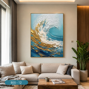 Peinture murale en soie de luxe très vendue, décoration intérieure, tissu en soie fait main, motif vague océanique or et blanc, modèle OEM ODM Vietnam - Product Image 6