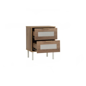 Modern Minimalist 2 <b>Drawer</b> Nighstand with Rattan Oak Finish <b>Side</b> <b>Table</b> and Durable Metal Legs for Home Furniture Use - Product Image 3